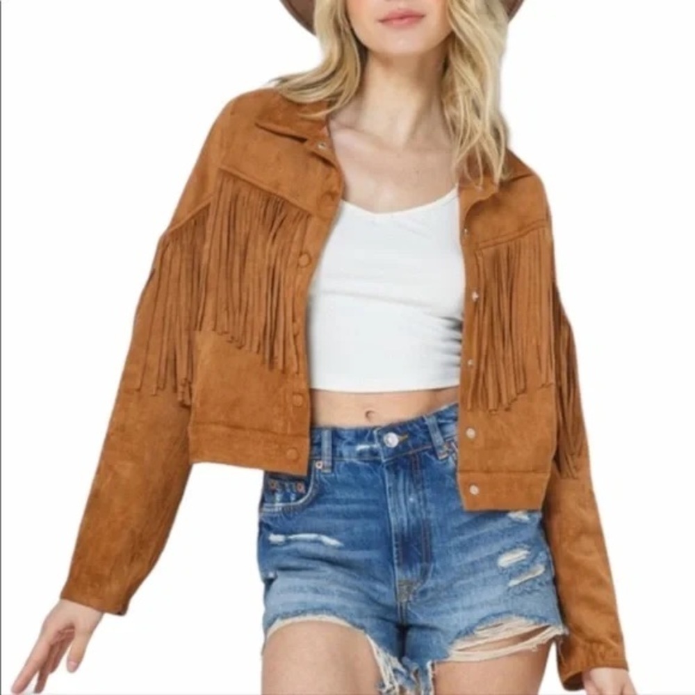 Blue B Brown Suede Fringe Utility Crop Jacket